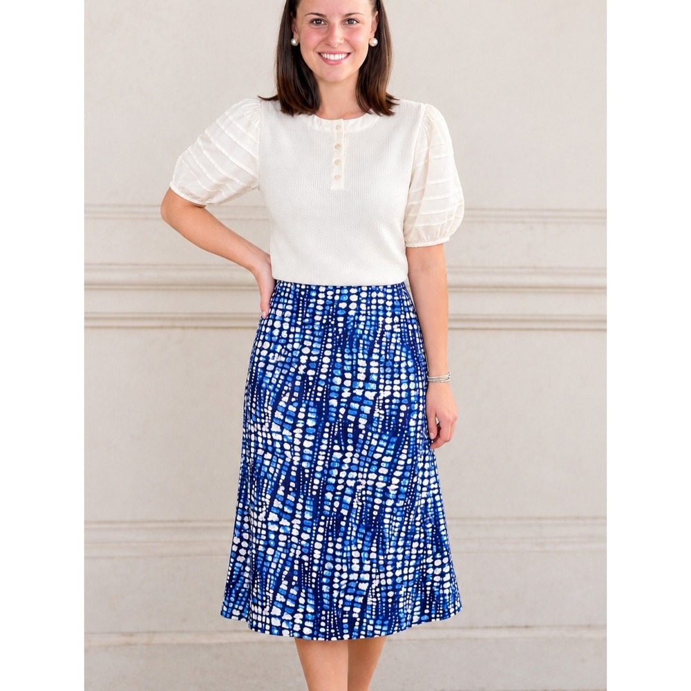 J. McLaughlin Bias Midi Skirt Blue Mosaic Sz 2 XS Silky Rayon Cocktail Resort